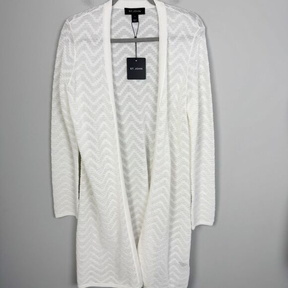 ST. JOHN | NEW Cream White Open Front Printed Cardigan Women’s Size Small - Picture 1 of 10